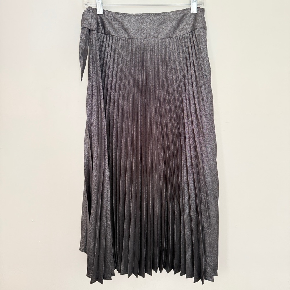 NWT White House Black Market Pleated Wrap Midi Skirt Metallic Black - Picture 5 of 7